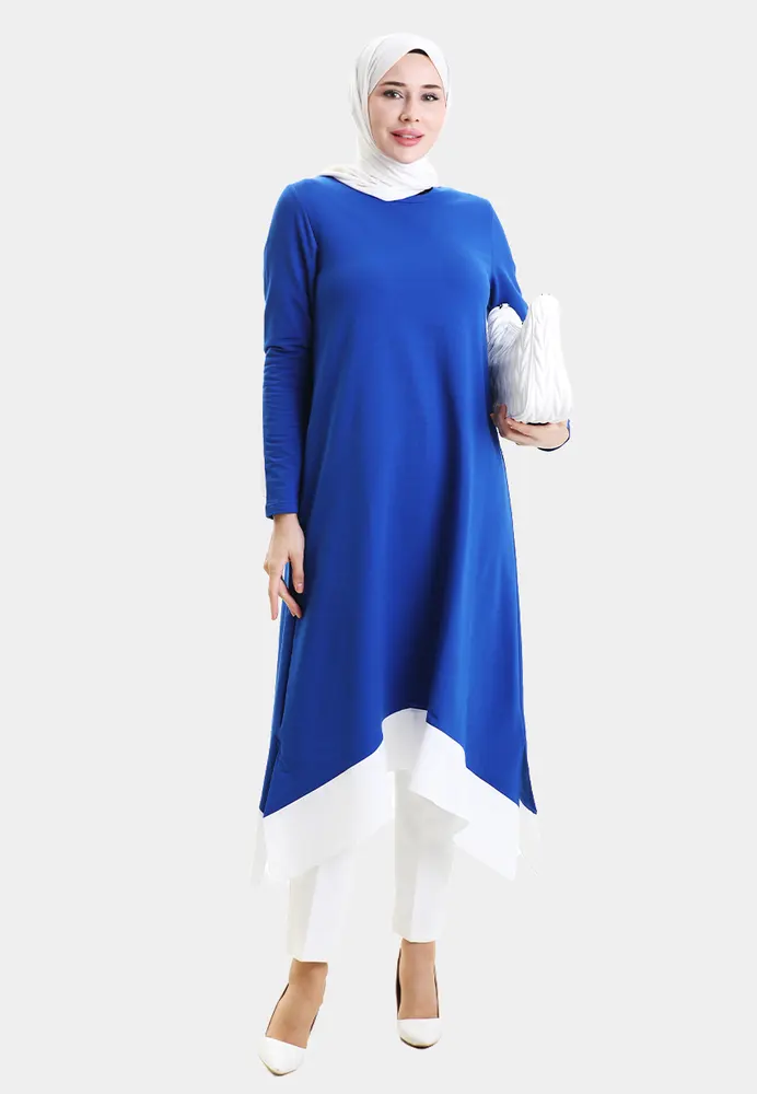 Asimetrik Kesim Renk Bloklu Tunik - Saks Mavi