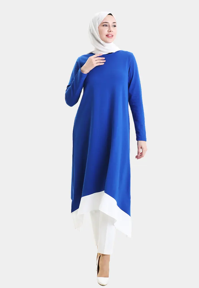 Asimetrik Kesim Renk Bloklu Tunik - Saks Mavi
