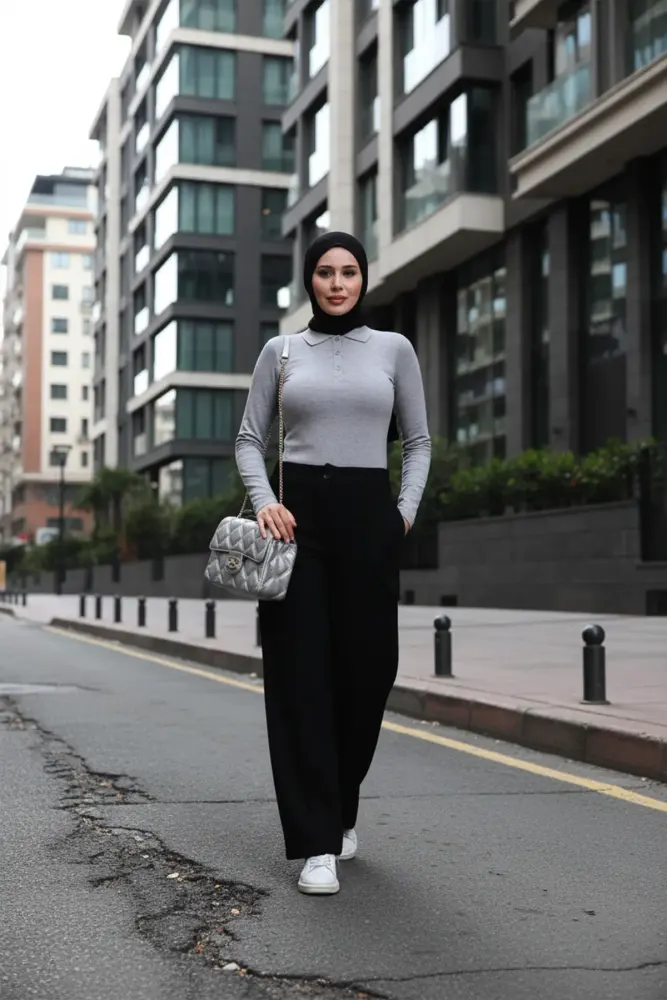 Gri Polo Yaka Likralı Tshirt 