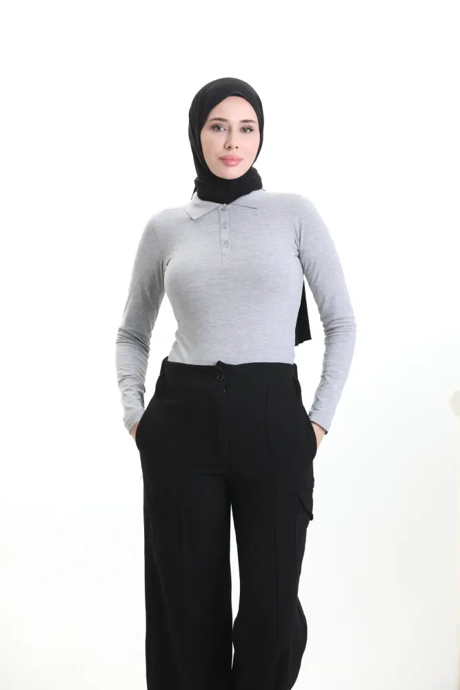 Gri Polo Yaka Likralı Tshirt 