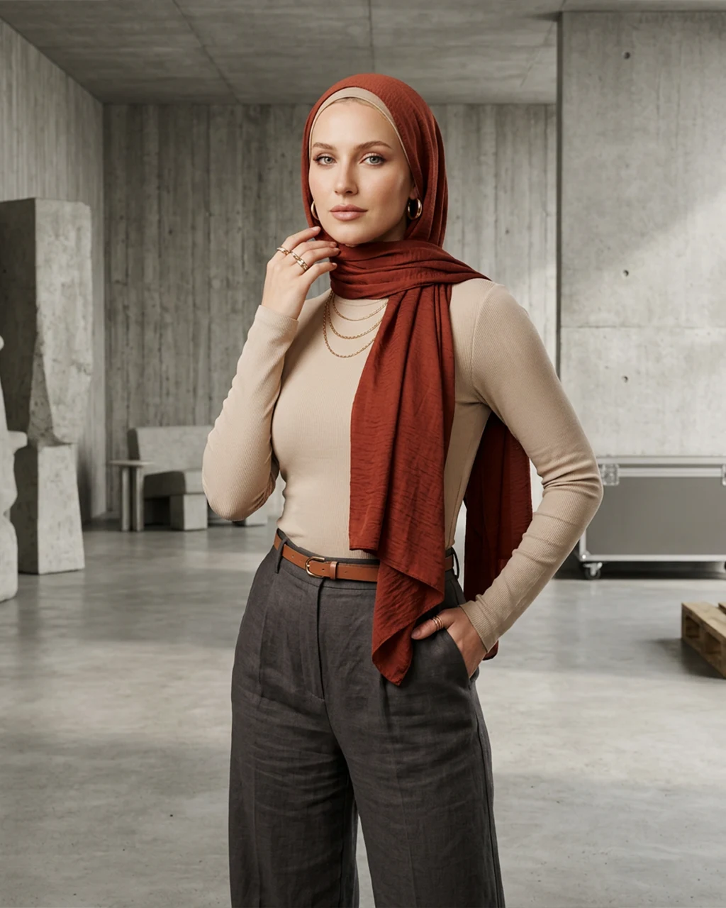 Kadın Taş Rengi Yarım Balıkçı Viskon Body - Slim Fit Esnek Seri
